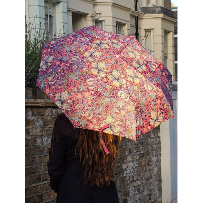 Женский зонт Fulton L907 Morris & Co. Minilite-2 UV Golden Lily Pink (Розовые лилии)
