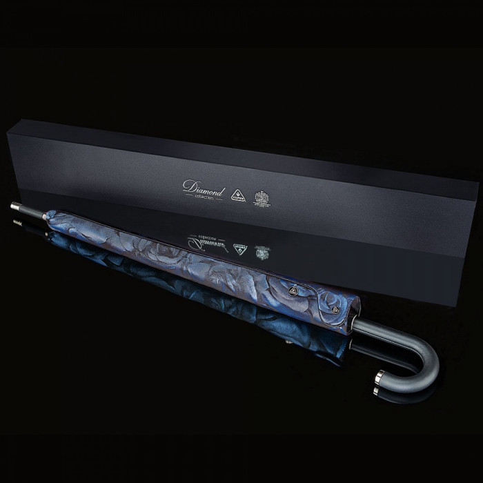 Женский зонт-трость класса Люкс Fulton Diamond L850 Princess UV Navy Rose (Синие розы)
