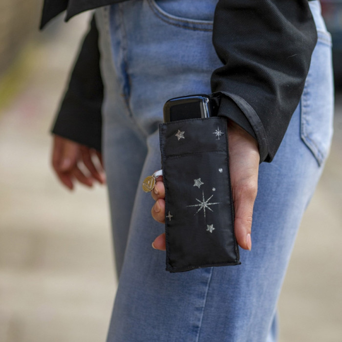 Жіноча міні (кишенькова) парасолька Fulton L501 Tiny-2 Glitter Stars Black (Блиск зірок)